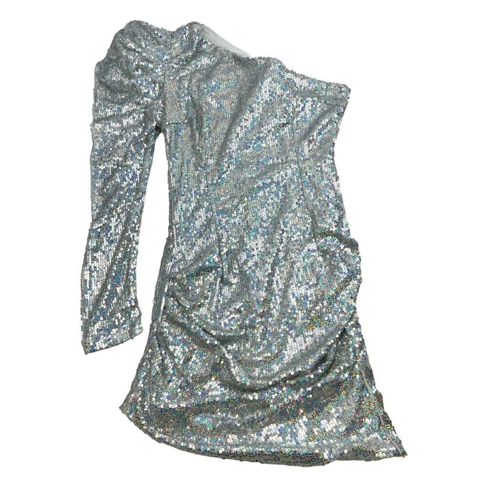 Boohoo One Shoulder Mini Sequined Dress Puff Shoulder Silver Size 12 New